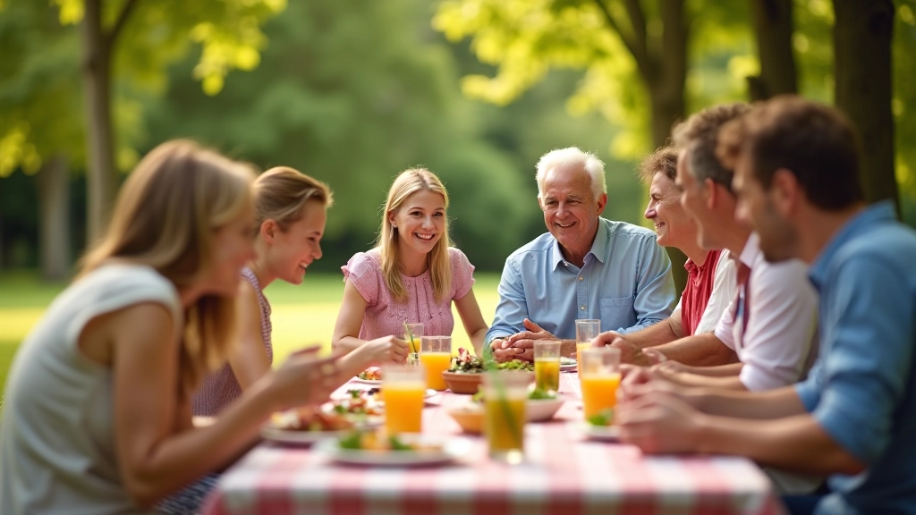 Large family gathering around outdoor picnic table