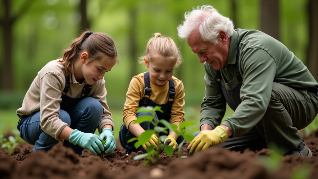 Multi-generational family group planting native plants along restored trail, dirt on their hands and genuine smiles
